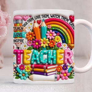 Inflated Floral Teacher Mug Wrap PNG, Rainbow Teacher Pencil Cup Design, School 20oz Mug Sublimation PNG
