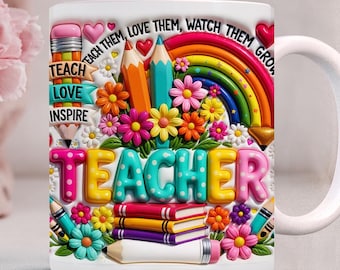 Taza inflada con diseño floral para profesor (PNG), diseño de taza arcoíris para lápices de profesor, taza escolar de 20 oz (PNG) para sublimación
