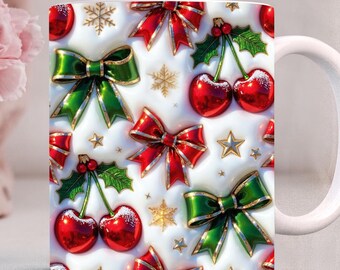 Aufgeblasene Kirsche Coquette Mug Wrap PNG, 3D Kirschen mit Schleife, 11 Unze 15 Unze geschwollene Obstkaffeetasse PNG