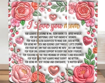 Inflated I Love You Mom Tumbler Wrap PNG, 20oz Mother's Day Template, Mom Quotes Sublimation PNG