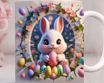 3d Bunny Easter Mug Wrap PNG, Hole in wall Bunny Sublimation, Spring Rabbit 11oz & 15oz Cup Template