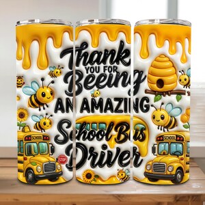 Opgeblazen schoolbusverpakking bekerhouder png, 20 oz beste chauffeur ooit ontwerp, omslagdoek honingbij schoolbus png
