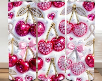 Inflated Rhinestone Cherry Bow Tumbler Wrap PNG, Pink Coquette Cherries Tumbler Design, 20 oz Valentine Tumbler Sublimation PNG