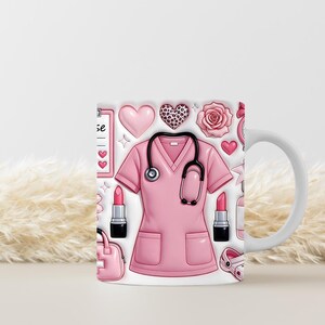 May include: White ceramic mug featuring a pink nurse's uniform, stethoscope, hearts, lipstick, and a medical bag. The mug has a white handle and is decorated with various medical-themed illustrations. The word "Nurse" is visible on the mug.