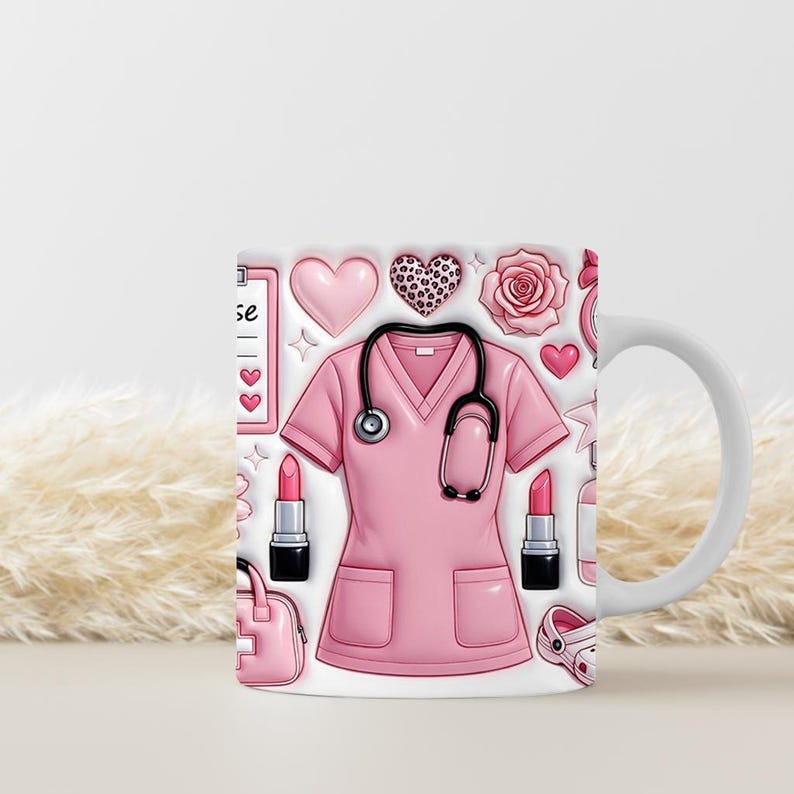 May include: White ceramic mug featuring a pink nurse's uniform, stethoscope, hearts, lipstick, and a medical bag. The mug has a white handle and is decorated with various medical-themed illustrations. The word "Nurse" is visible on the mug.