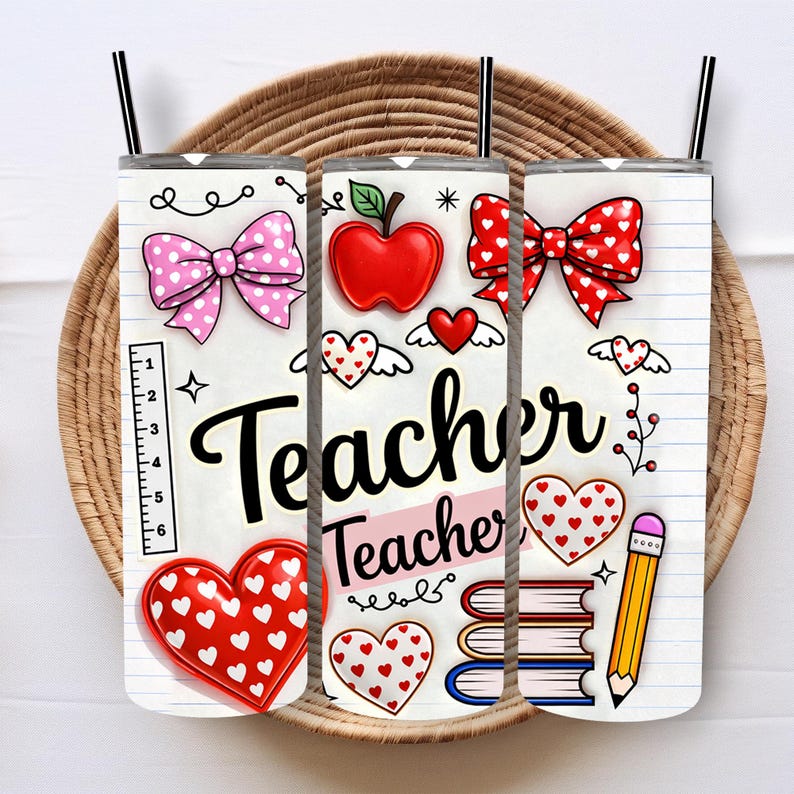 Puede incluir: Tres vasos aislados blancos con pajitas negras, decorados con gr&aacute;ficos tem&aacute;ticos de profesores. Los dise&ntilde;os incluyen lazos rosas de lunares, manzanas rojas, corazones, libros y l&aacute;pices. La palabra "Teacher" se muestra de forma destacada.