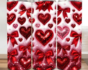 Inflated Glitter Valentine Coquette Heart Tumbler Wrap PNG, 3d Valentines Day Design, Valentines Sublimation