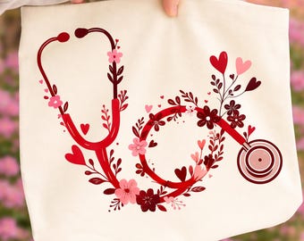 Floral Nurse Stethoscope Valentine PNG, Valentines Day Nursing Sublimation Tshirt Design