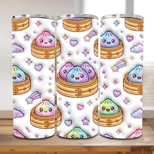 May include: Three stainless steel tumblers with a repeating pattern of cartoon dumplings in bamboo steamers. The dumplings are pastel colors with smiling faces, surrounded by hearts, stars, and shooting stars on a white background.