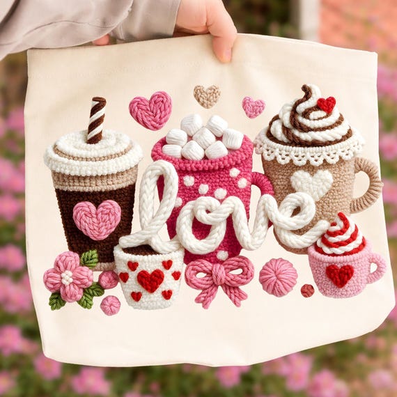 Faux Yarn Valentine Coffee PNG, Coffee Lover Valentine Shirt Design, Yarn Hot Cocoa Love Drinks With Hearts PNG