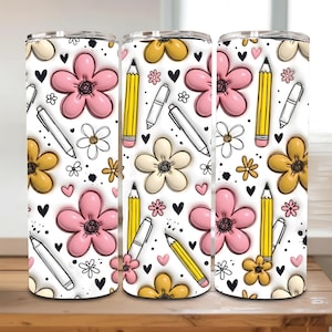 Uppblåst lärarpenna och blommor Tumbler Wrap PNG, 20oz rosa gula klotterpennor sublimeringsdesign, tillbaka till skolan lärare present PNG