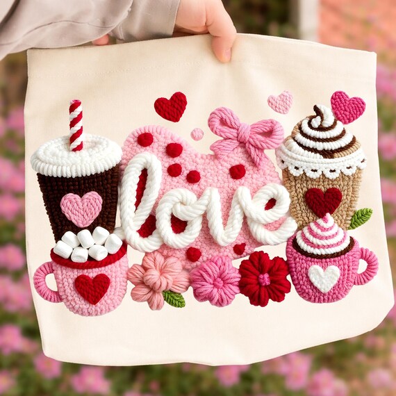 Faux Yarn Valentine Coffee PNG, Crochet Hot Cocoa Drinks Hearts PNG, Coffee Love Valentine Shirt Design