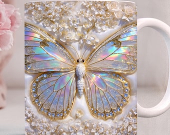 White Butterfly Mug Wrap PNG,  3d Floral Butterfly Cup Design, 11Oz & 15oz Butterfly Sublimation PNG