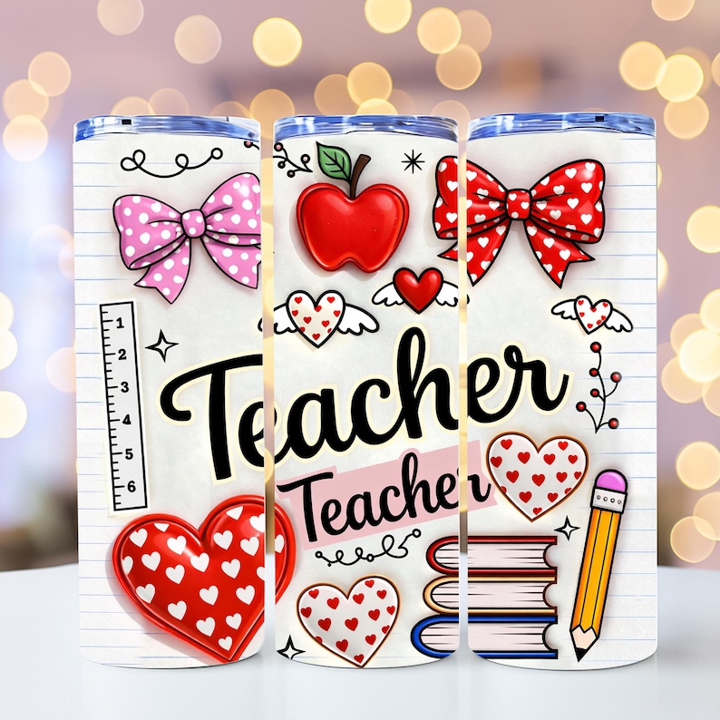 Puede incluir: Un vaso blanco con tem&aacute;tica escolar, con la palabra "Teacher" en escritura negra. El dise&ntilde;o incluye un lazo rosa con lunares, una manzana roja, corazones, una regla, libros y un l&aacute;piz. El vaso mide aproximadamente 20 cm de alto.