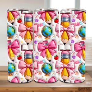 Inflated Teacher Tumbler Wrap PNG, 20oz Pencil Coquette Design, School Sublimation PNG