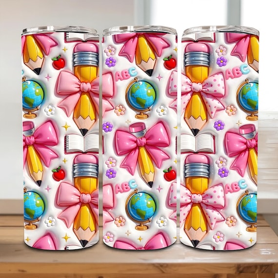Inflated Teacher Tumbler Wrap PNG, 20oz Pencil Coquette Design, School Sublimation PNG