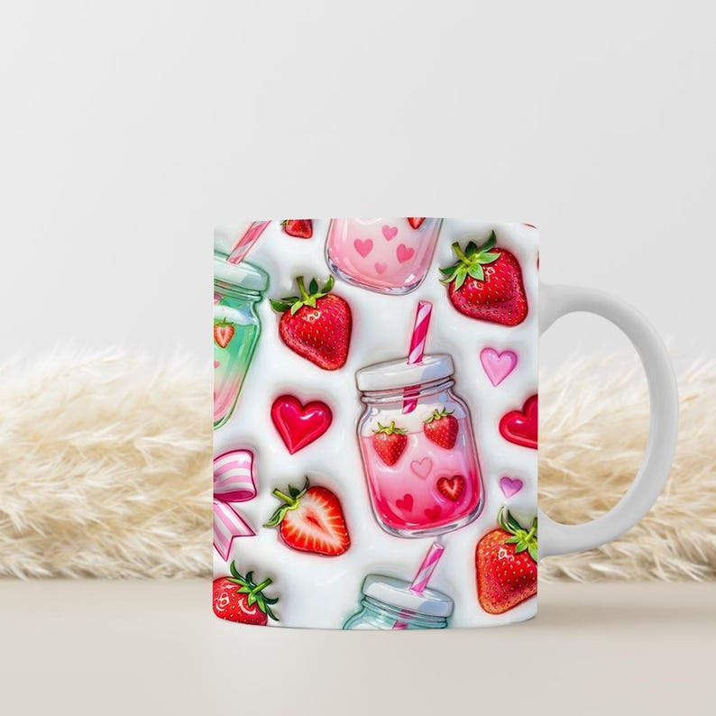 May include: White ceramic mug featuring a repeating pattern of strawberries, heart-shaped candies, and mason jar-style drinks with straws. The design includes pink, red, and green elements, creating a cheerful and festive aesthetic.