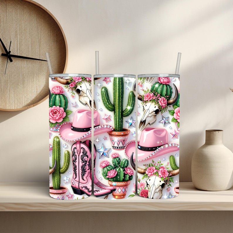 Inflated Pink Cowgirl Tumbler Wrap PNG, 20oz Western Cactus Sublimation ...