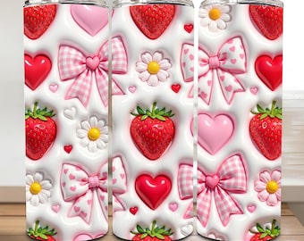 Inflated Strawberry Bow Tumbler PNG, 20oz Coquette Strawberries sublimation, 3d Daisy Floral Wrap Design
