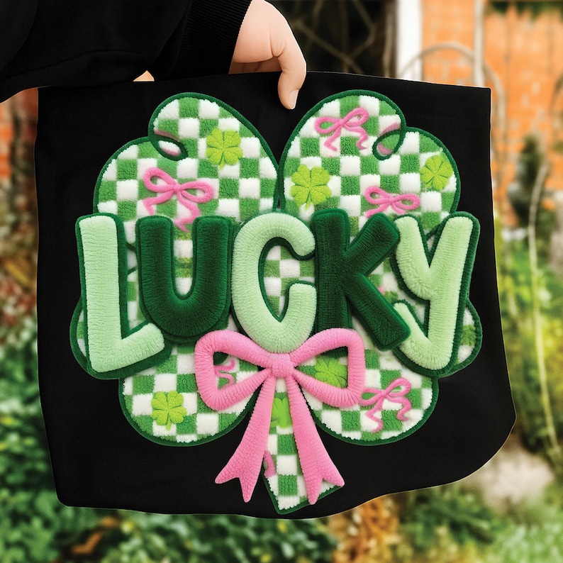 May include: Black tote bag featuring a four-leaf clover design with a green and white checkered pattern. The word "LUCKY" is embroidered in green and light green, with pink bows and shamrocks.