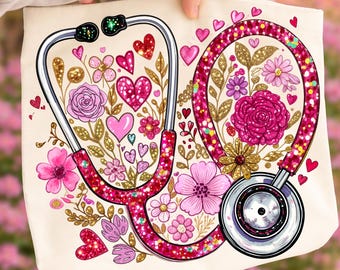 Nurse Floral Stethoscope PNG, Faux Glitter Nurse Love Graphics, Valentine’s Day Sublimation Design