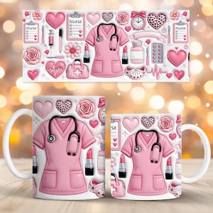 May include: White ceramic mug featuring a pink nurse's uniform design with a stethoscope, hearts, roses, and medical-themed illustrations. The design includes lipstick, a medical bag, and a clock. The mug has a white handle.
