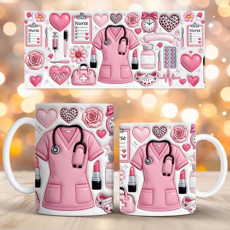 May include: White ceramic mug featuring a pink nurse's uniform design with a stethoscope, hearts, roses, and medical-themed illustrations. The design includes lipstick, a medical bag, and a clock. The mug has a white handle.
