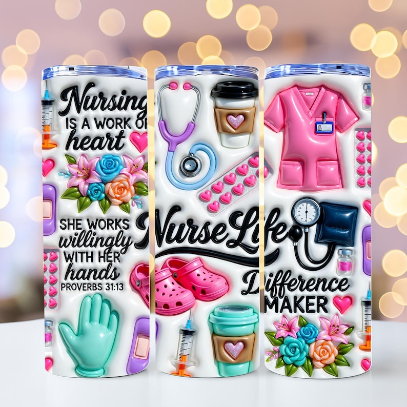 May include: A white tumbler featuring a nurse-themed design. The design includes a stethoscope, scrubs, shoes, and coffee cups. Text includes "Nursing is a work of heart", "Nurse Life", and "Difference Maker".