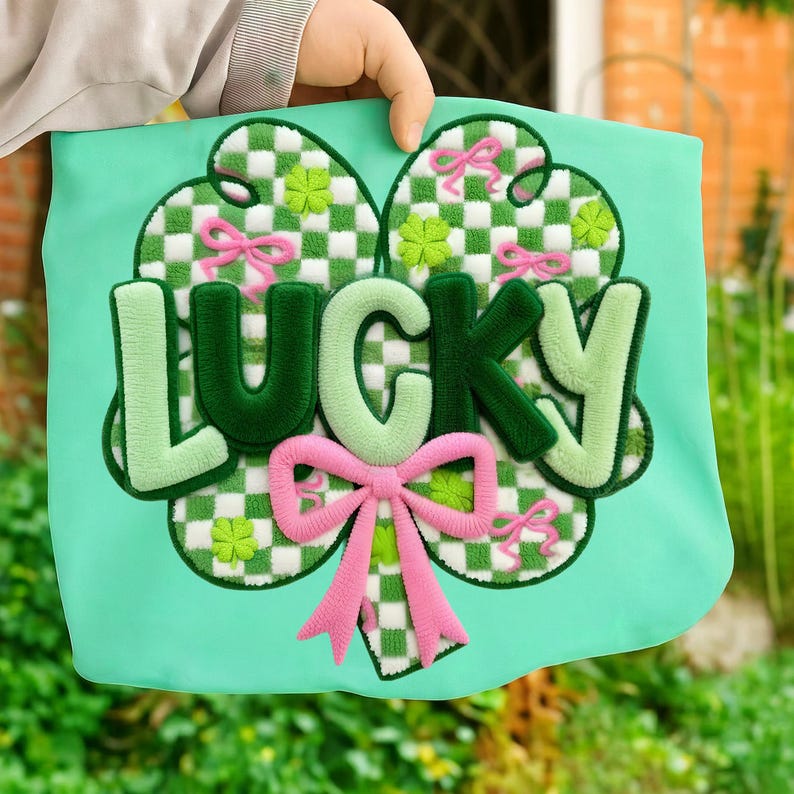 May include: A light green shamrock-shaped pillow with the word "LUCKY" in green and light green, and a pink bow. The shamrock design features a checkered pattern in green and white, with small pink bows and green four-leaf clovers.