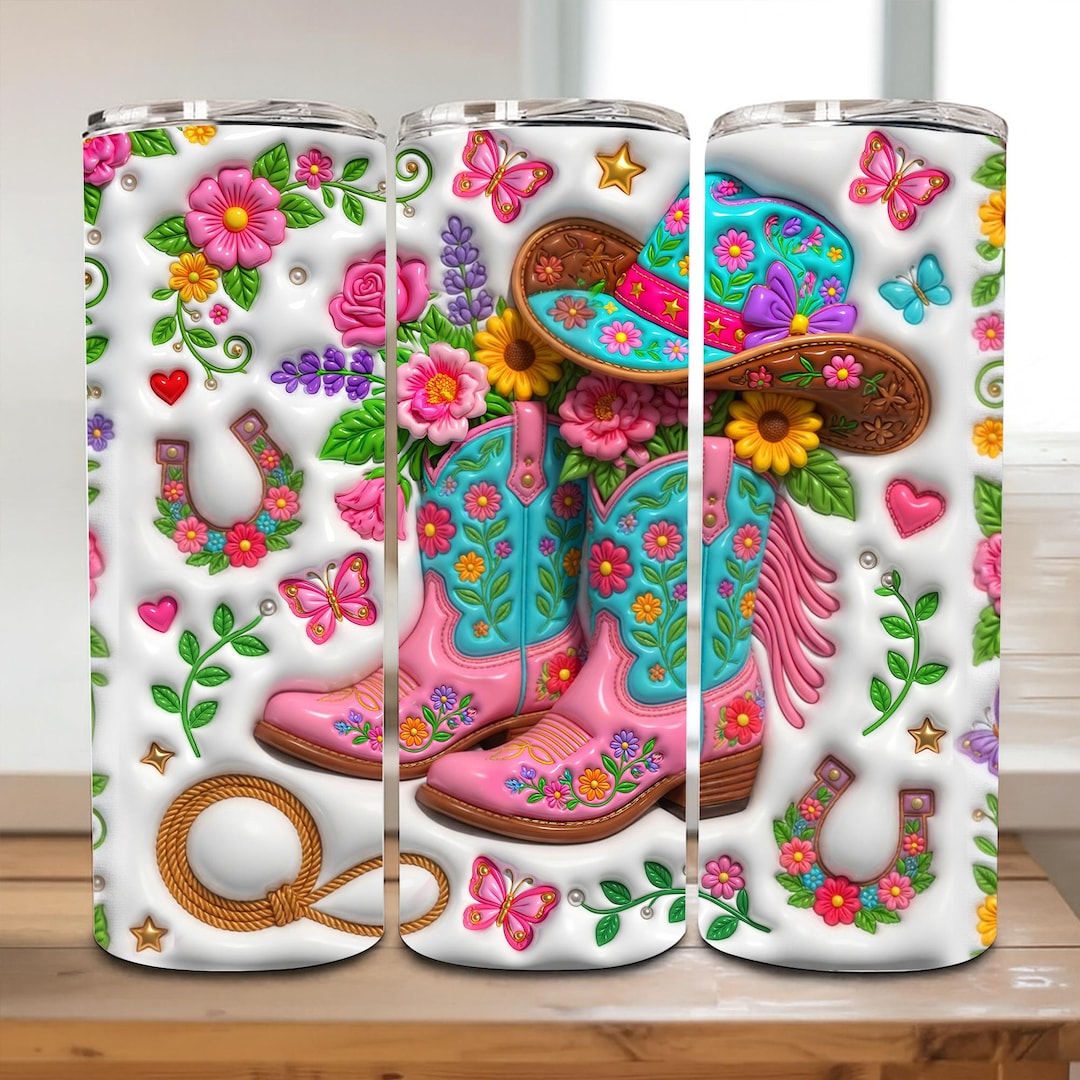 Inflated Cowgirl Boots Tumbler Wrap PNG, Floral Cowgirl Hat Country ...