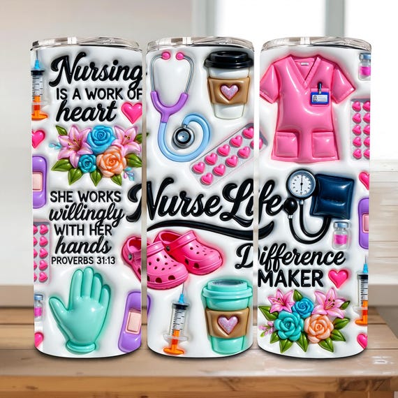 Inflated Nurse Tumbler Wrap PNG, 20oz Nursing Sublimation PNG, Floral Nurse Appreciation Design