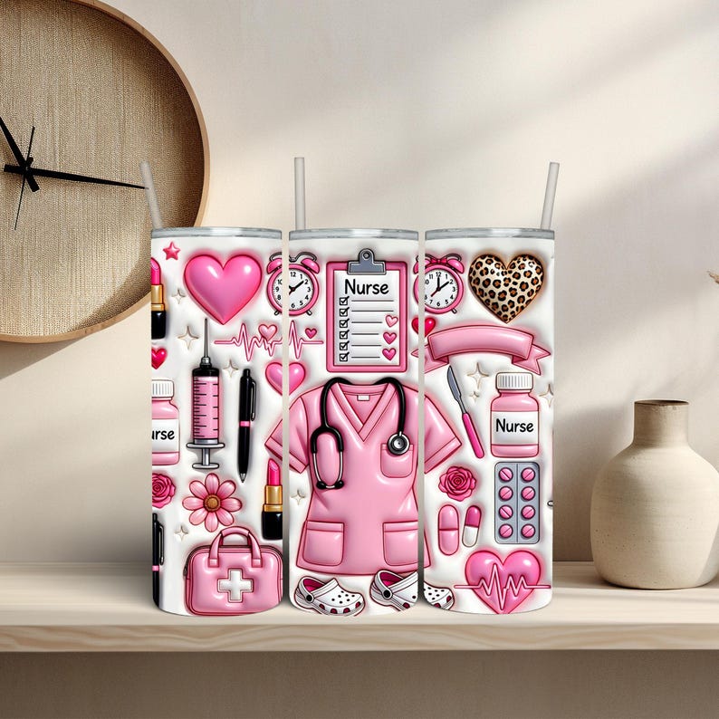May include: Three white tumblers with pink nurse-themed designs. The designs include hearts, medical tools, a nurse's uniform, and the word "Nurse". Each tumbler has a straw.