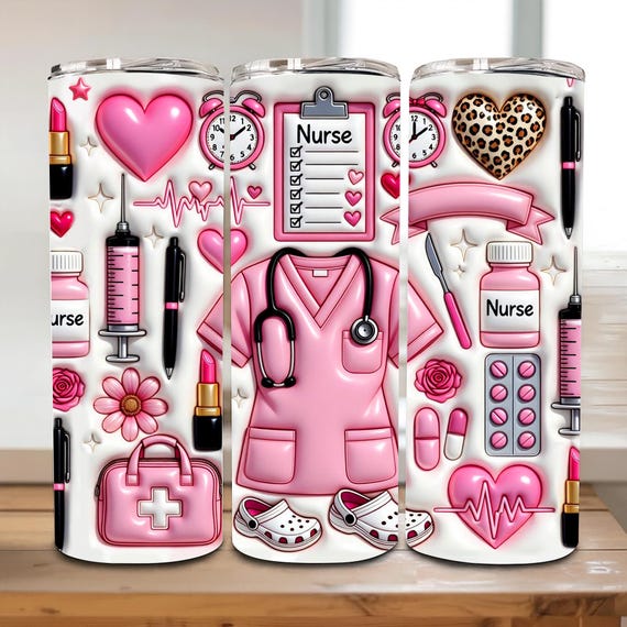 Inflated Nurse Tumbler Wrap PNG,3D Nursing Tumble Sublimation, 20oz Medical Coat, Syringe Heart Design