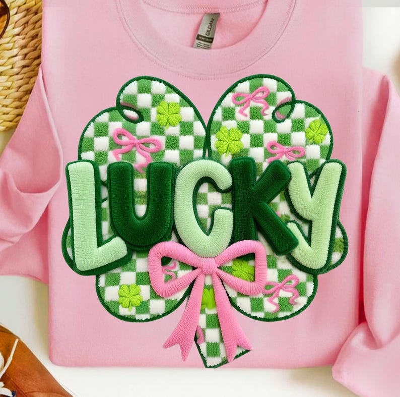 May include: Pink sweatshirt with a large, embroidered shamrock design. The shamrock features a green and white checkered pattern, green and pink bows, and the word "LUCKY" in green and light green. A festive St. Patrick's Day theme.