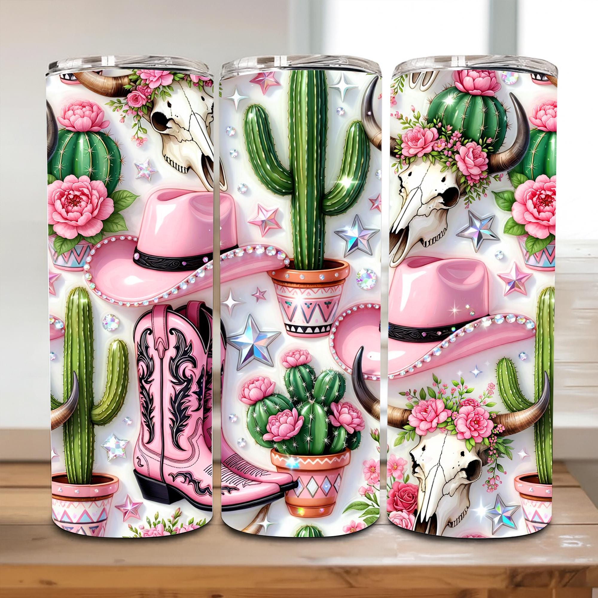 Inflated Pink Cowgirl Tumbler Wrap PNG, 20oz Western Cactus Sublimation ...