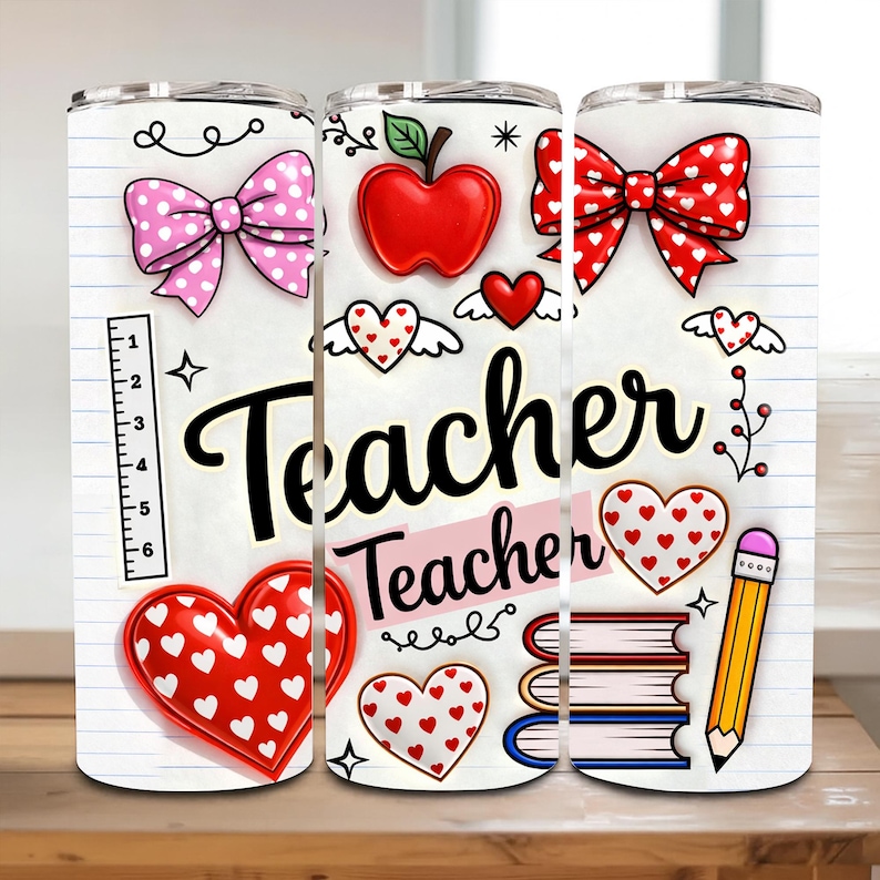 Inflated Valentine Teacher Tumbler Wrap PNG, 3d Teacher Coquette Tumbler sublimation, Apple, Bow & Pencil Design