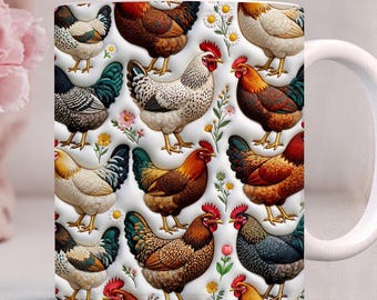 Inflated Chicken Mug Wrap PNG, 3d Chicken Pattern Coffee Cup Template, 11 &15Oz Hen Cup Wrap
