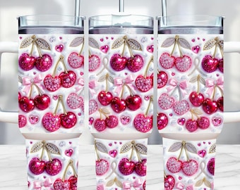 Opgeblazen strass beker wrap met kersenstrik png, ontwerp beker roze coquette kersen, 40 oz sublimatie zomerbeker, png