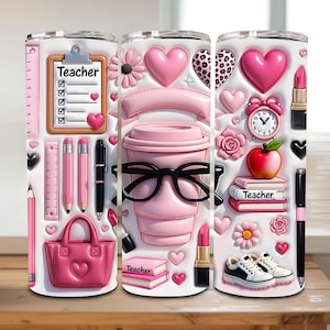 Inflated Teacher Life Tumbler Wrap PNG, Pink 20 0z Teacher Sublimation Design, Leopard Heart & School Teacher Accessories PDF