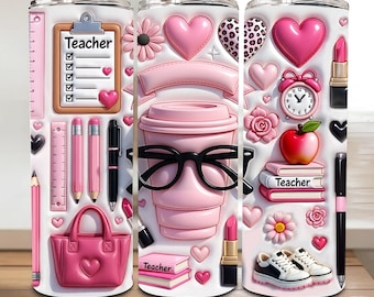Vaso inflable "Vida Docente" PNG, diseño de sublimación rosa de 20 oz, corazón de leopardo y accesorios para docentes escolares PDF