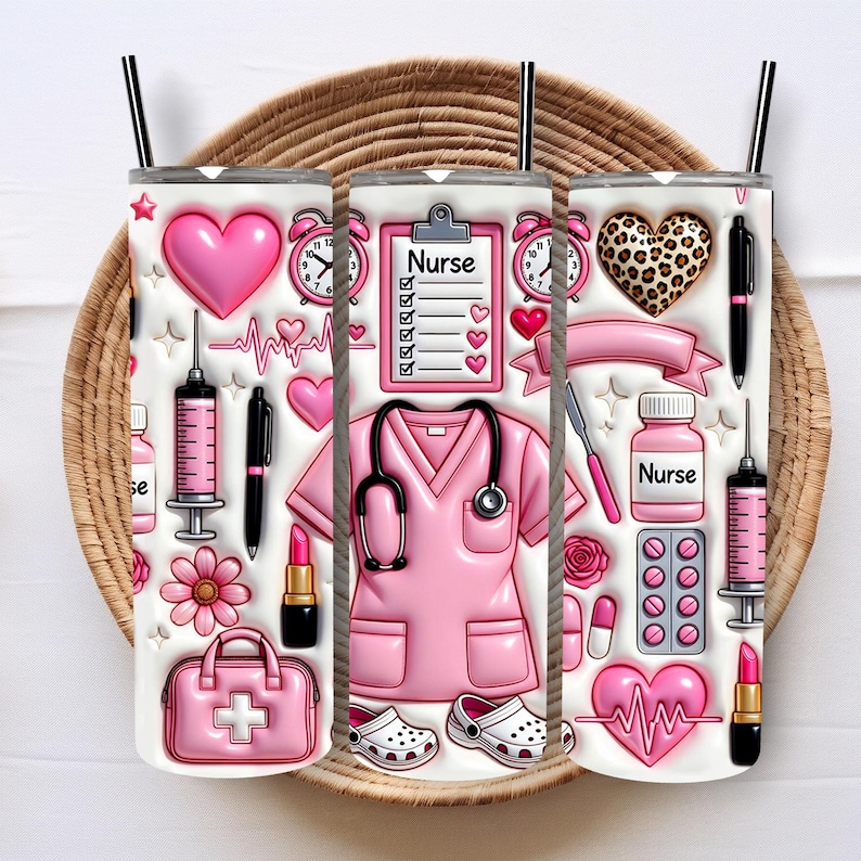 May include: Three white stainless steel tumblers with black straws, decorated with pink nurse-themed graphics. Designs include hearts, stethoscopes, syringes, and the word "Nurse". The tumblers sit on a woven tray.