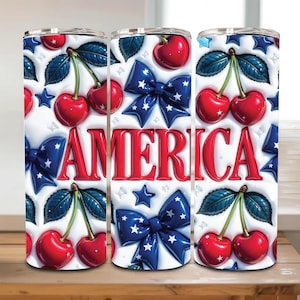 Diseño PNG de envoltura para vaso con cerezas estadounidenses infladas, diseño de lazo coqueto de cerezas de EE. UU., sublimación PNG del 4 de julio