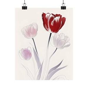 Minimalist Tulip Wall Art Print, Matte Vertical Poster, Modern Botanical Flower Artwork, Red and Pink Tulip Home Decor