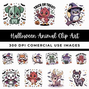 Halloween Animal Clip Art Bundle, Cute Kawaii Halloween Animals PNG, Commercial Use, Digital Download 300 DPI