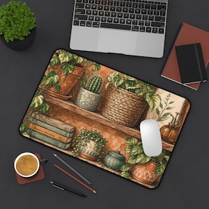 May include: A rectangular desk mat featuring a printed illustration of wooden shelves filled with potted houseplants, including a cactus and trailing vines, alongside a stack of books labeled Wild Flowers, Cacti and Succulents, and Garden Stories.