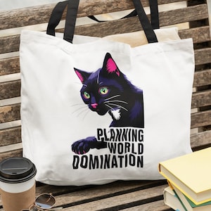 Lustige schwarze Katzen-Einkaufstasche | Planung Weltdominanz | Geschenk für Leseratten und Leseratten