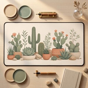 May include: A rectangular desk mat featuring a printed illustration of various cacti and succulents in terracotta and cream-colored pots. The design includes a tall saguaro, prickly pears with orange flowers, and aloe plants arranged on a light background.