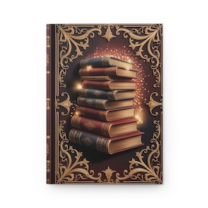 May include: A hardback journal with a stack of books on the cover. The books are red and blue with gold accents, and are surrounded by sparkling lights. The journal has a dark brown cover with gold filigree.