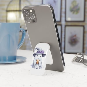 Cute Ghost Phone Grip with Floral Hat, Phone Holder, Pop Socket, Halloween Accessory, Kawaii Tech
