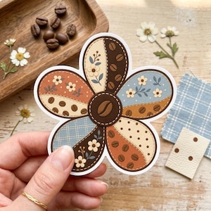 Pegatina troquelada con diseño de flores de café en patchwork / Calcomanía floral para portátil con diseño de granos de café